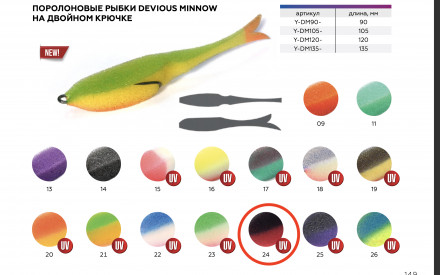 Поролоновая рыбка YAMAN Devious Minnow на двойнике, р. 105 мм цвет 24 UV 5 шт.